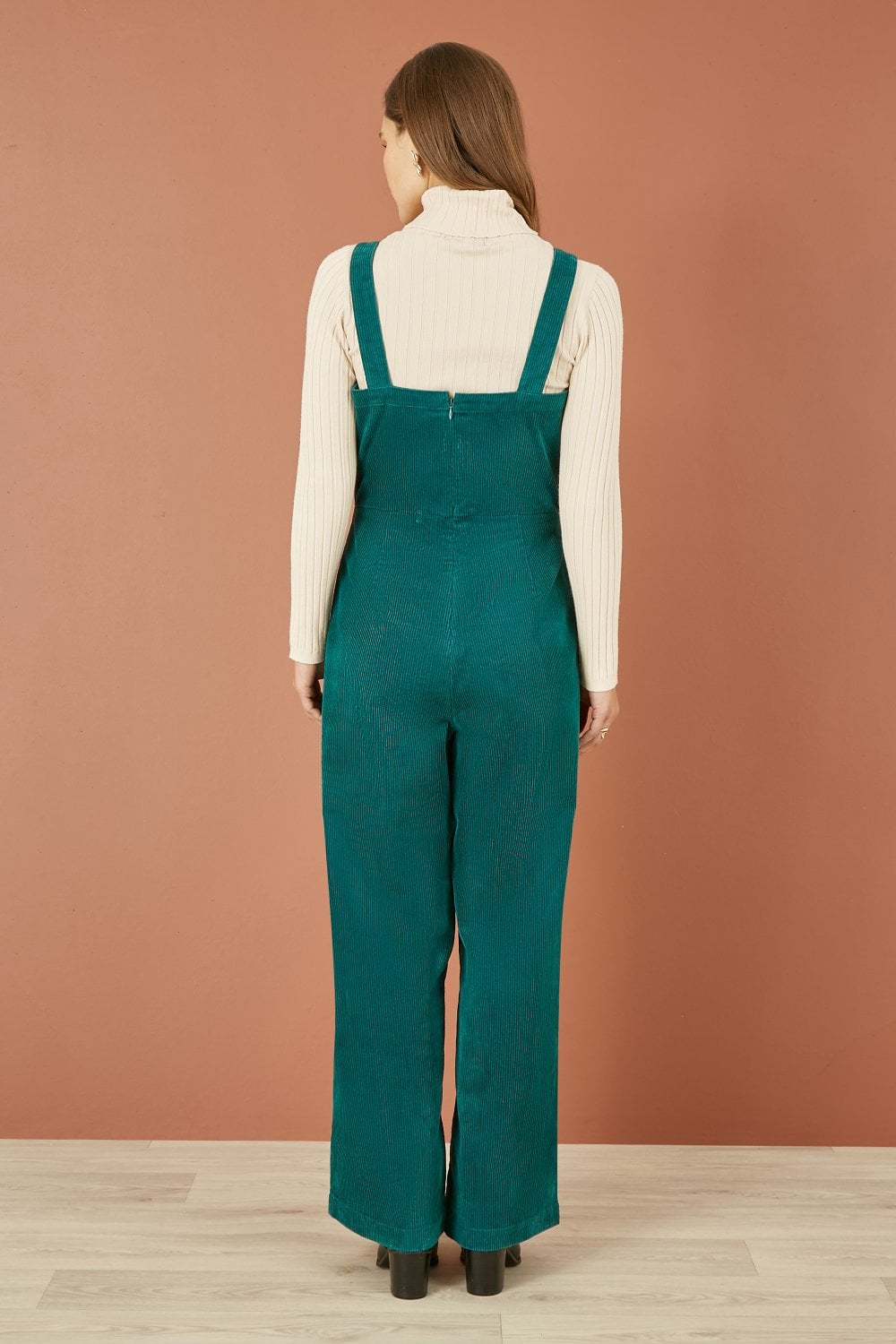 Yumi Teal Cord Stretch Dungaree Style Jumpsuit Yumi