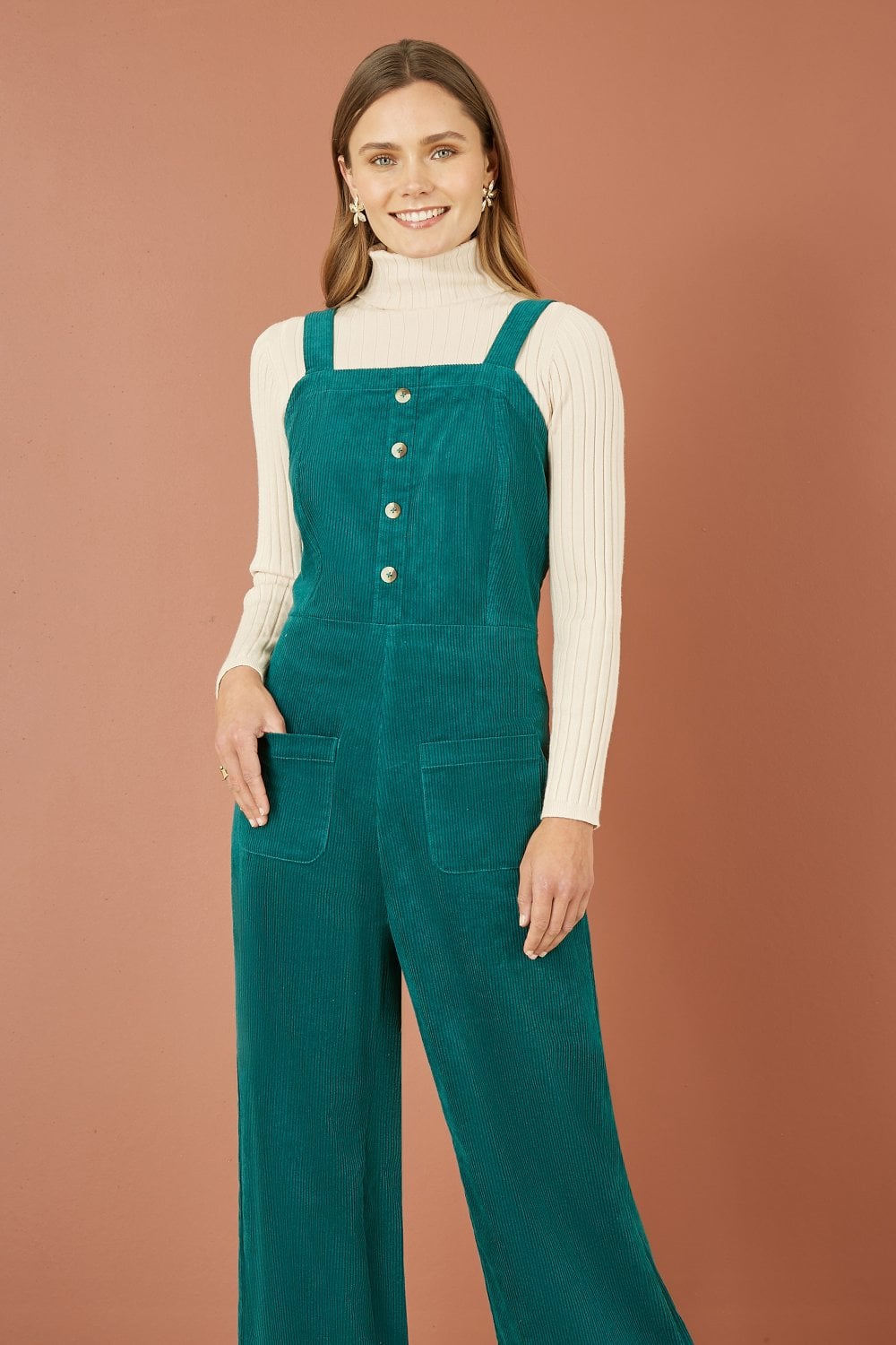 Yumi Teal Cord Stretch Dungaree Style Jumpsuit Yumi