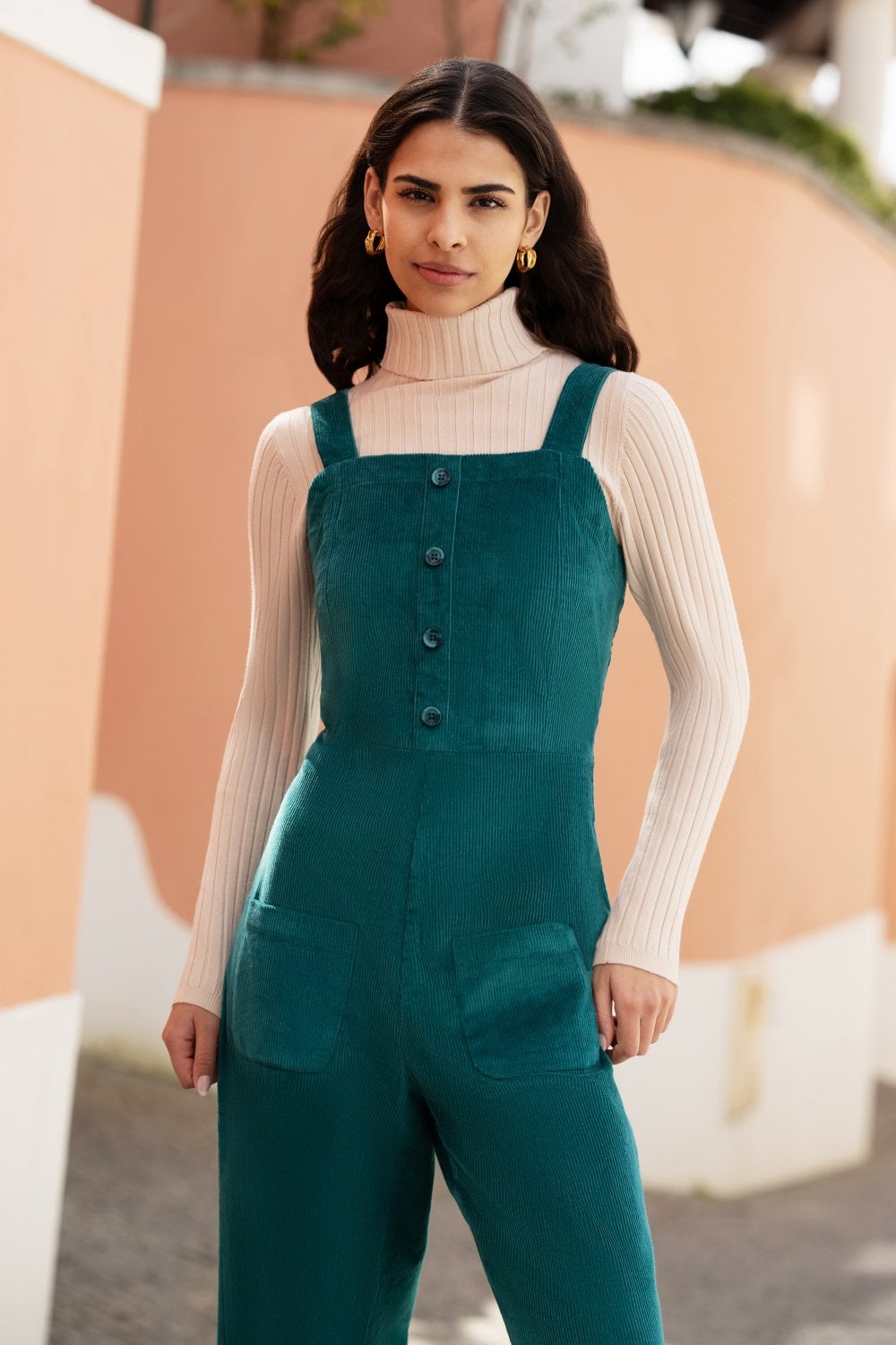 Yumi Teal Cord Stretch Dungaree Style Jumpsuit Yumi