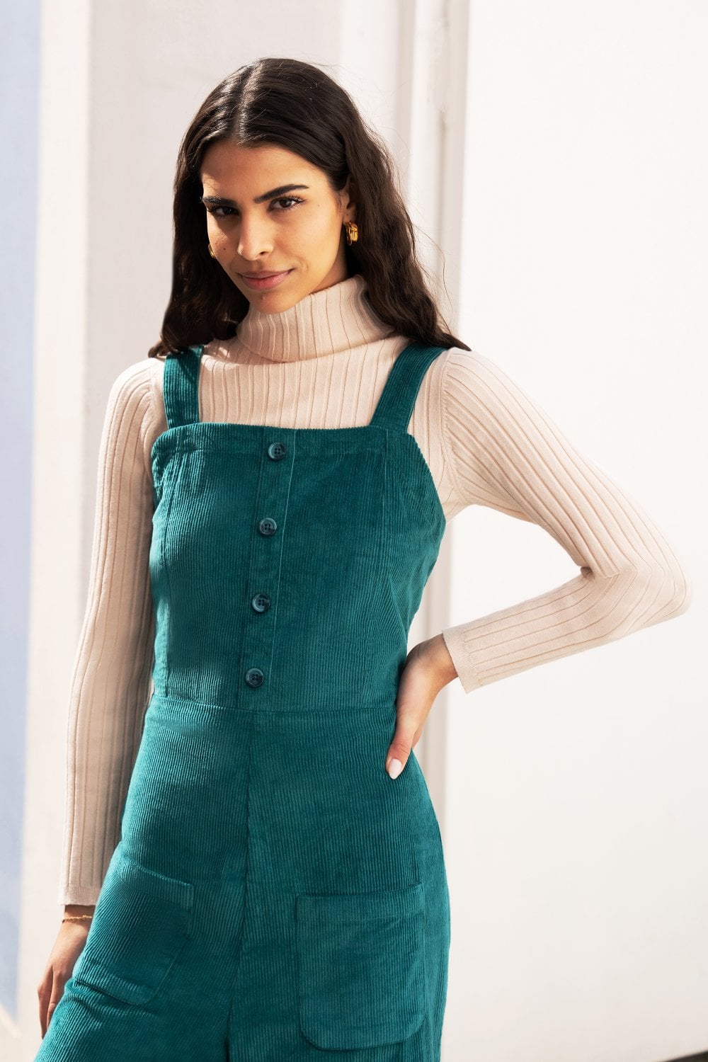 Yumi Teal Cord Stretch Dungaree Style Jumpsuit Yumi