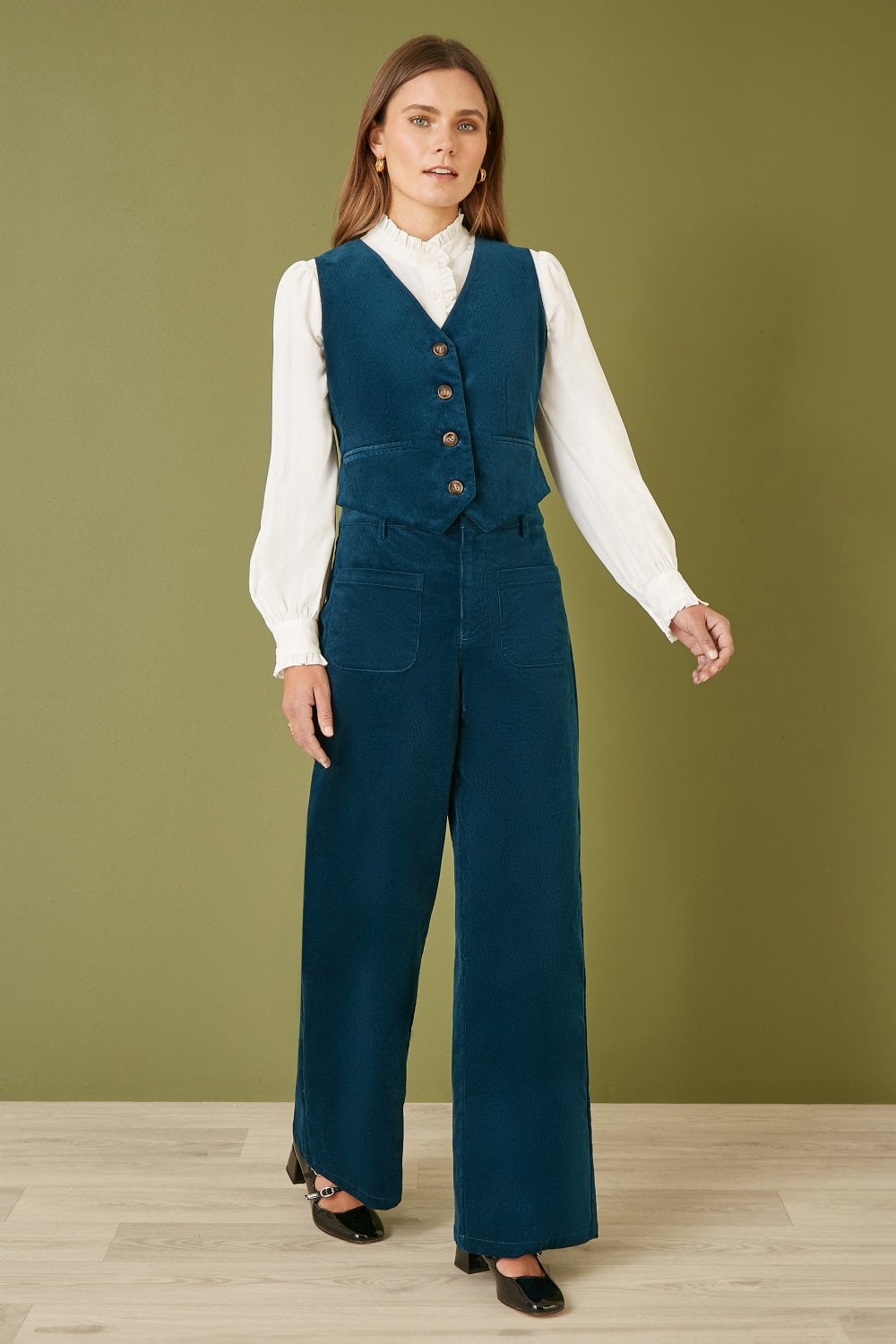 Yumi Teal Cord Trousers With Patch Pockets Yumi