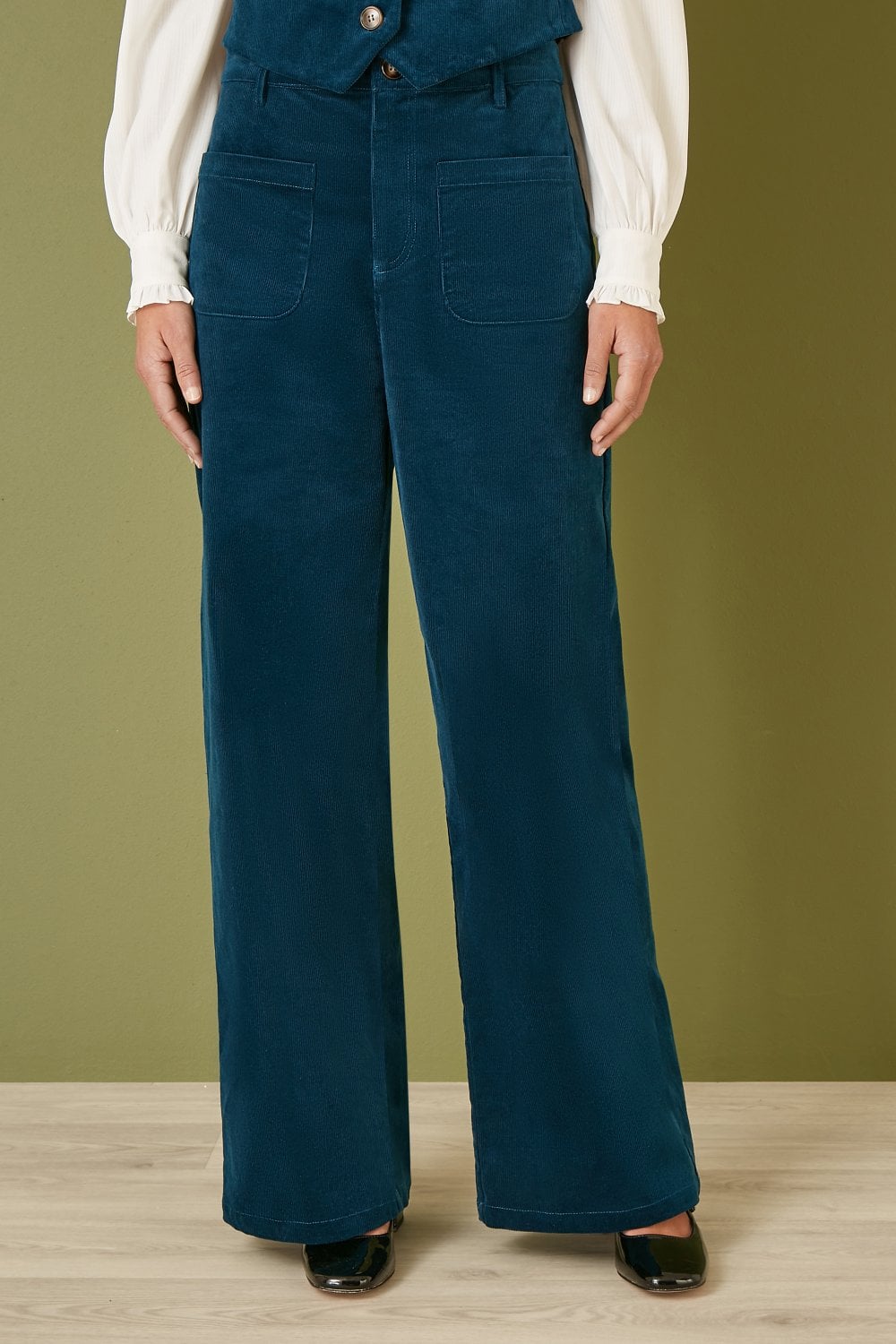 Yumi Teal Cord Trousers With Patch Pockets Yumi