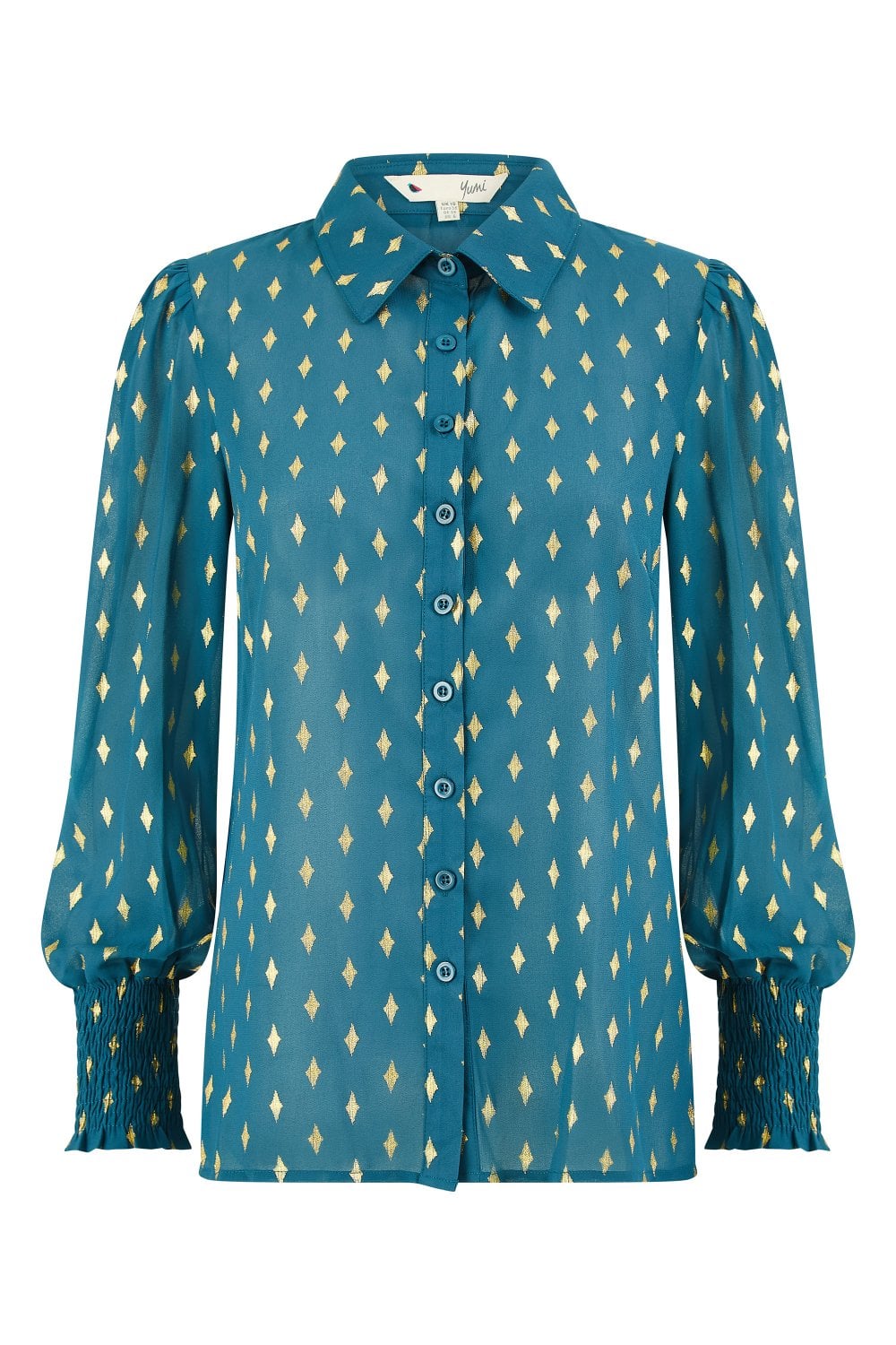 Yumi Teal Diamond Foil Print Top With Ruched Cuff Yumi