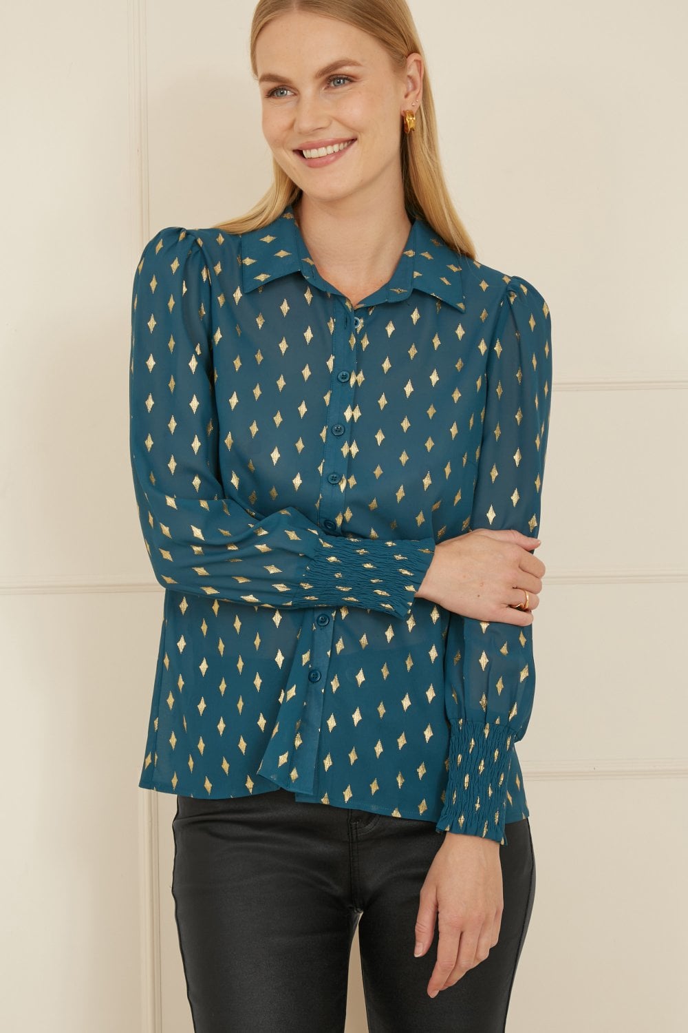 Yumi Teal Diamond Foil Print Top With Ruched Cuff Yumi