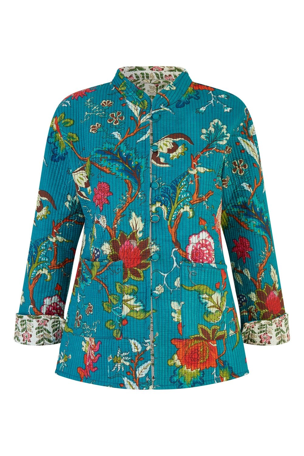 Yumi Teal Floral Print Reversible Cotton Quilted Jacket Yumi