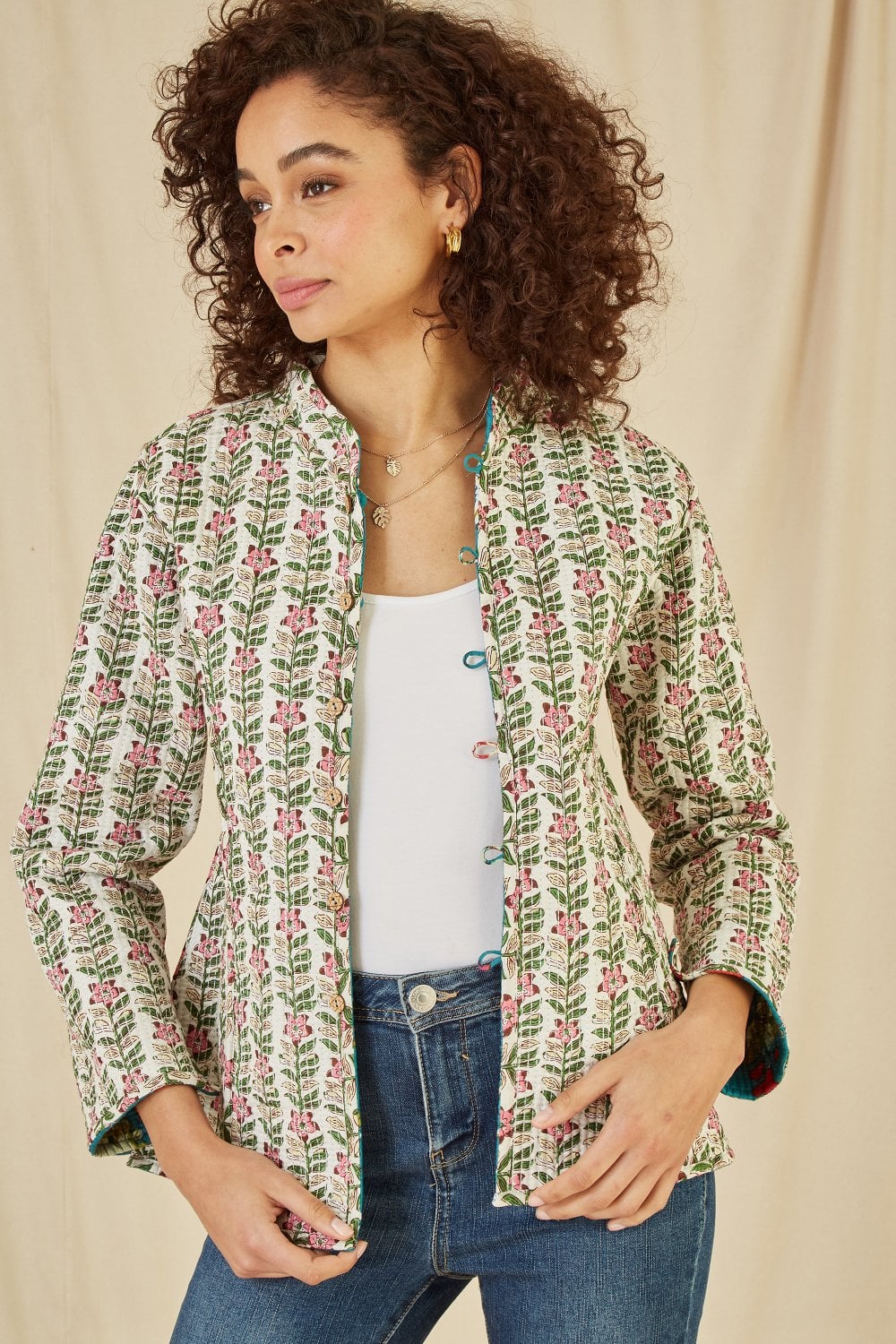 Yumi Teal Floral Print Reversible Cotton Quilted Jacket Yumi