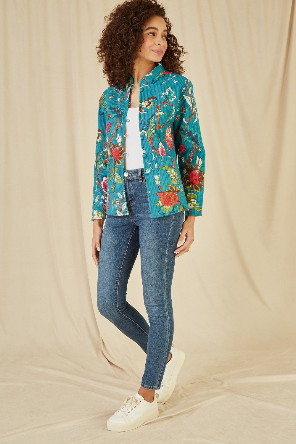 Yumi Teal Floral Print Reversible Cotton Quilted Jacket Yumi