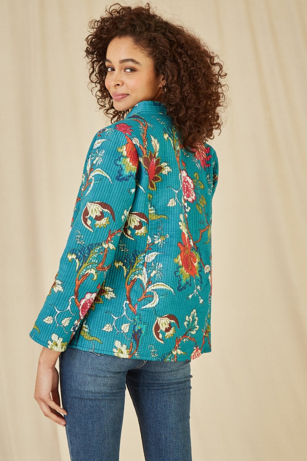 Yumi Teal Floral Print Reversible Cotton Quilted Jacket Yumi