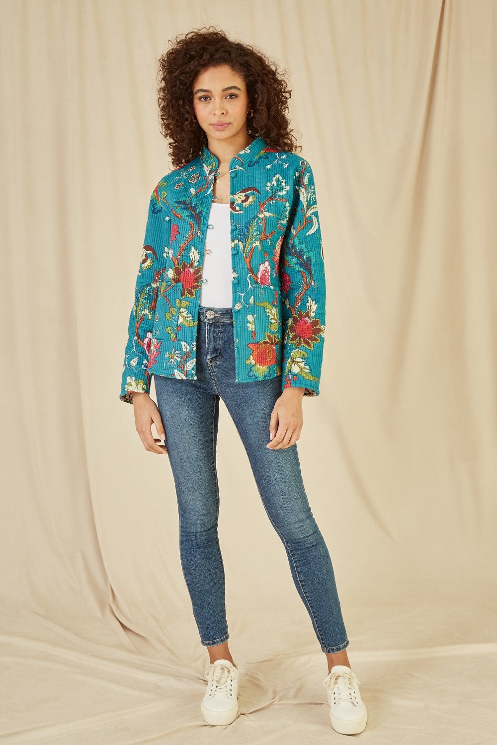 Yumi Teal Floral Print Reversible Cotton Quilted Jacket Yumi