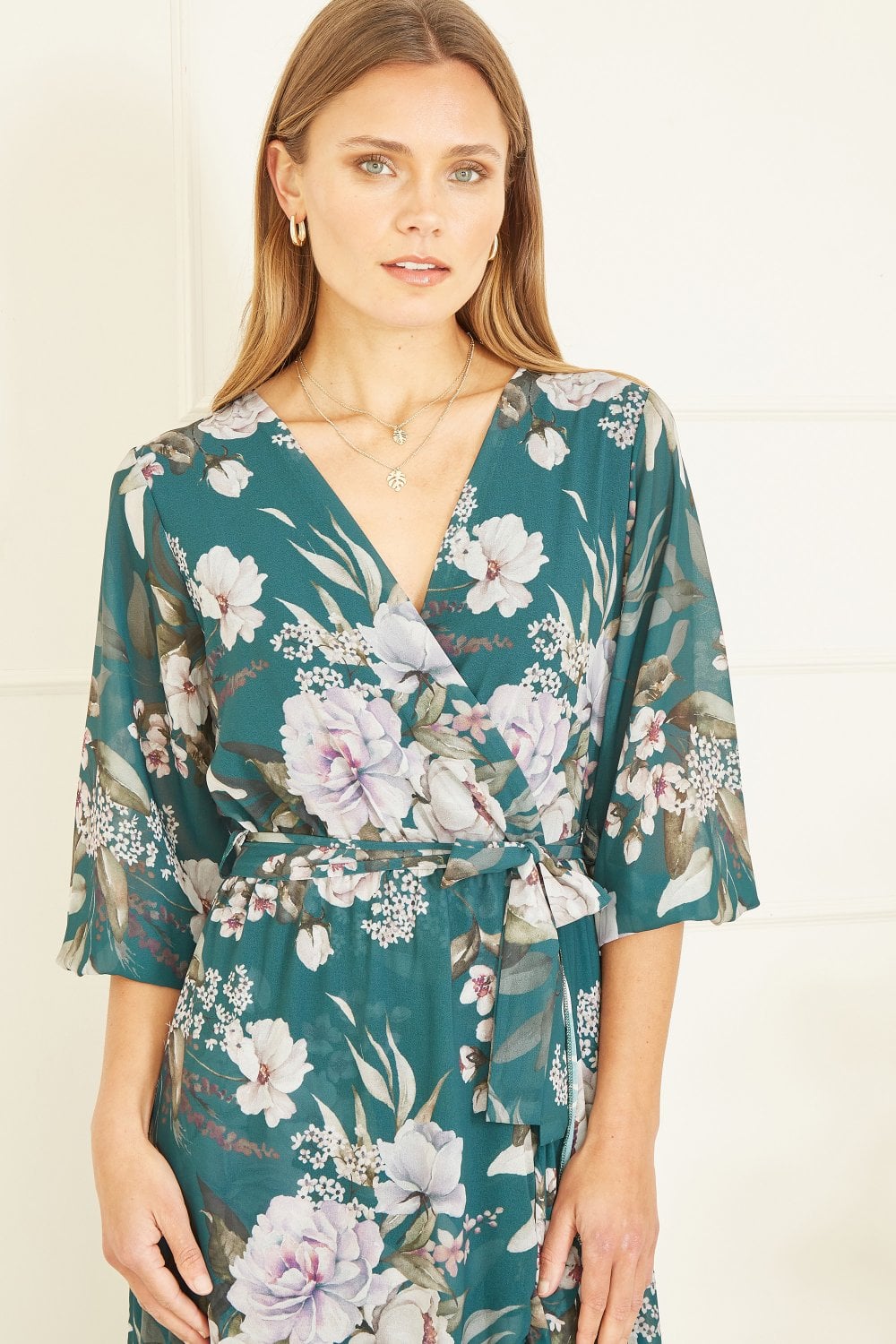 Yumi Teal Floral Wrap Midi Dress With Frill Yumi