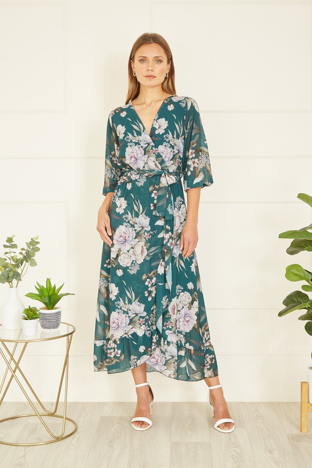 Yumi Teal Floral Wrap Midi Dress With Frill Yumi