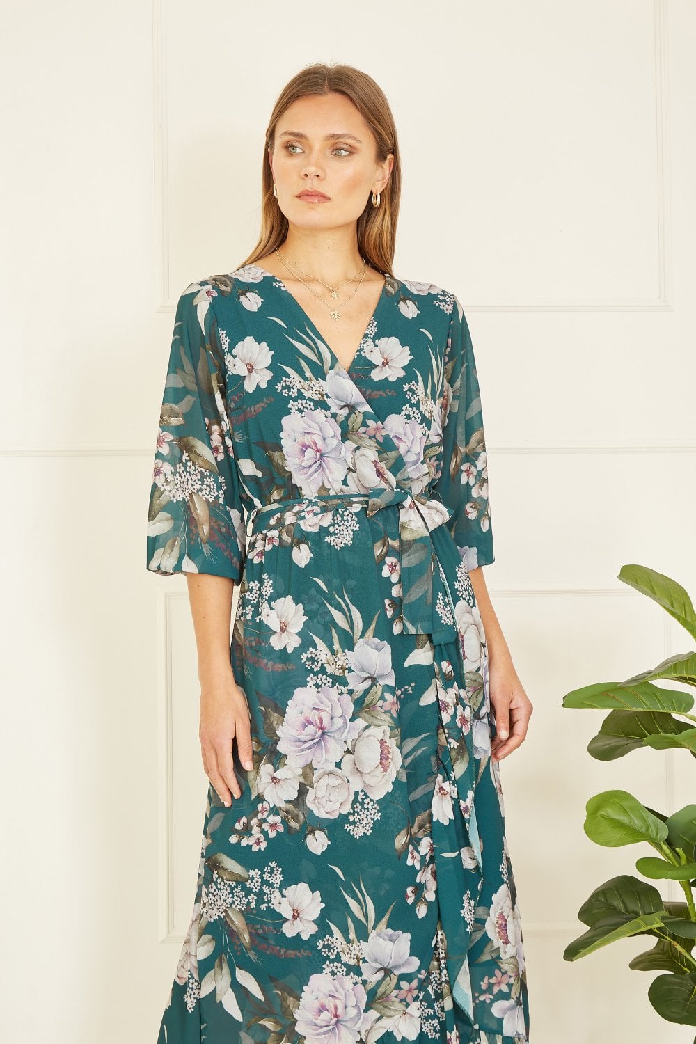 Yumi Teal Floral Wrap Midi Dress With Frill Yumi