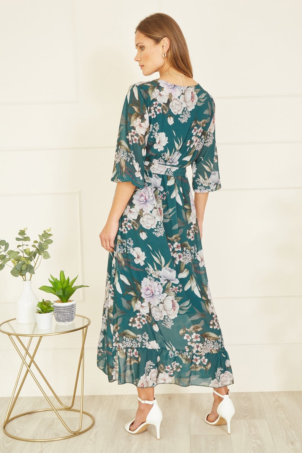 Yumi Teal Floral Wrap Midi Dress With Frill Yumi