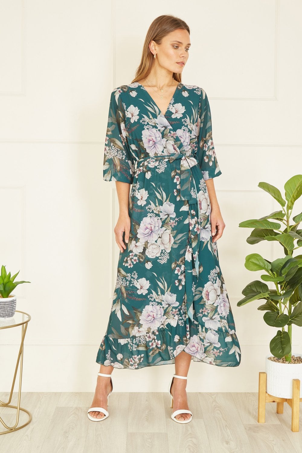 Yumi Teal Floral Wrap Midi Dress With Frill Yumi