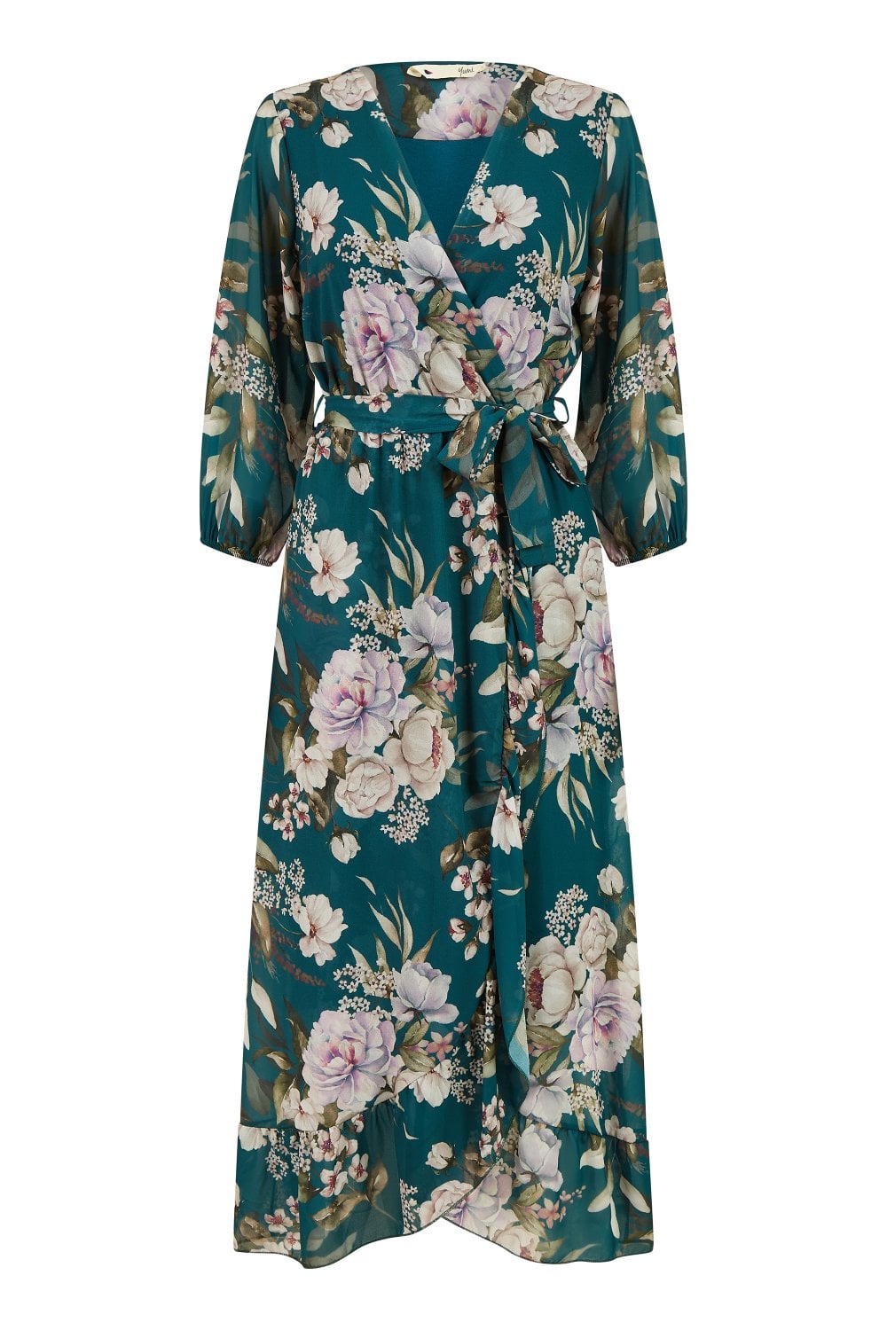 Yumi Teal Floral Wrap Midi Dress With Frill Yumi