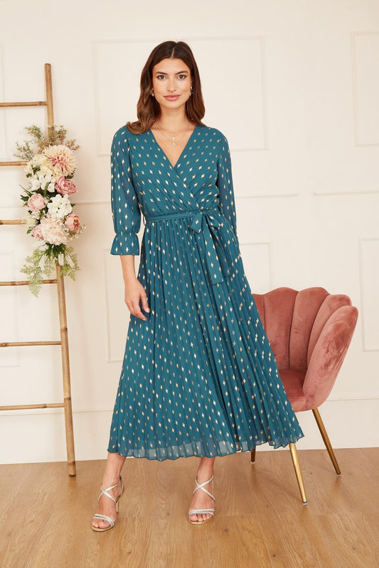 Yumi Teal Foil Printed Pleated Wrap Midi Dress Yumi