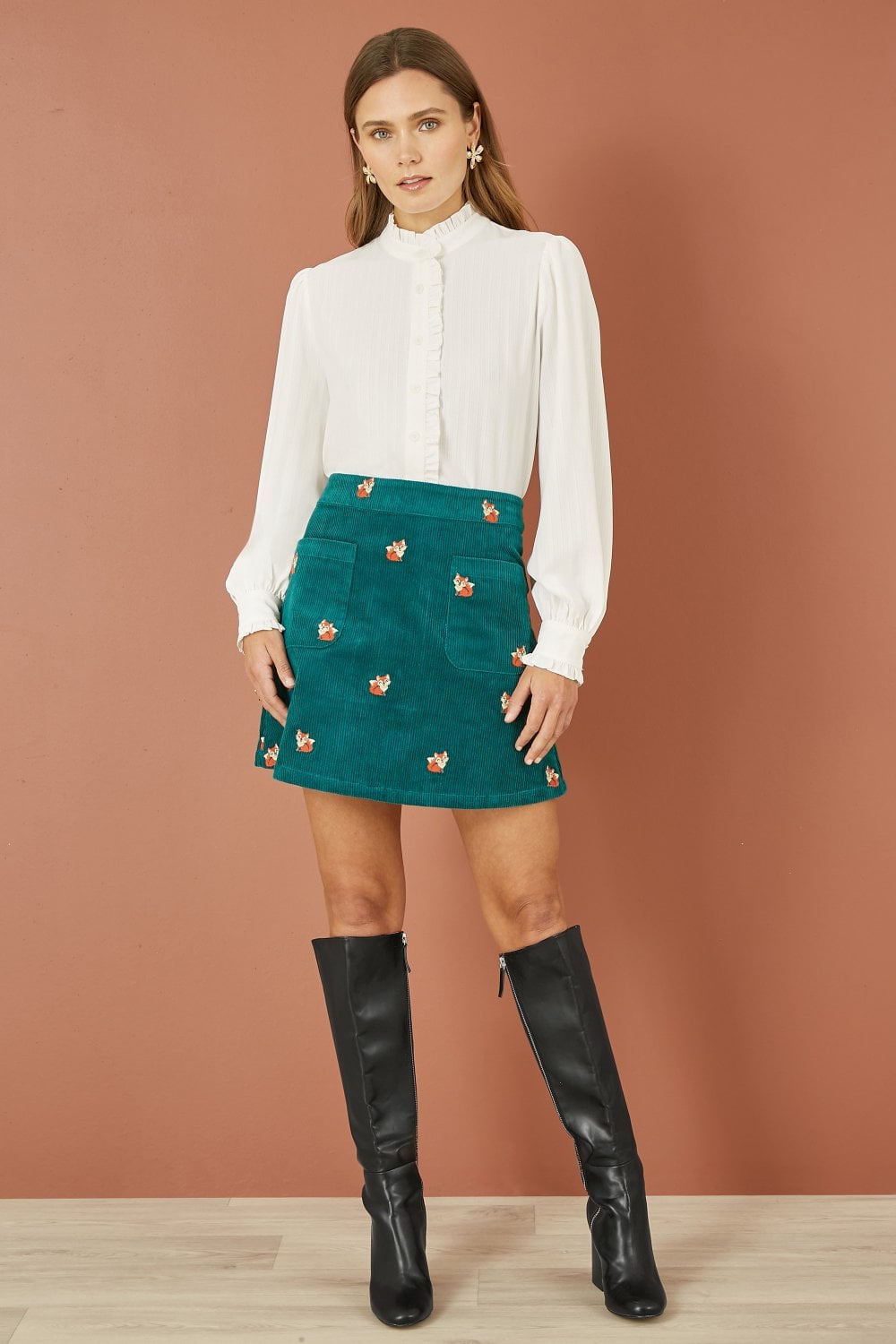 Yumi Teal Fox Embroidered Cord Mini Skirt Yumi