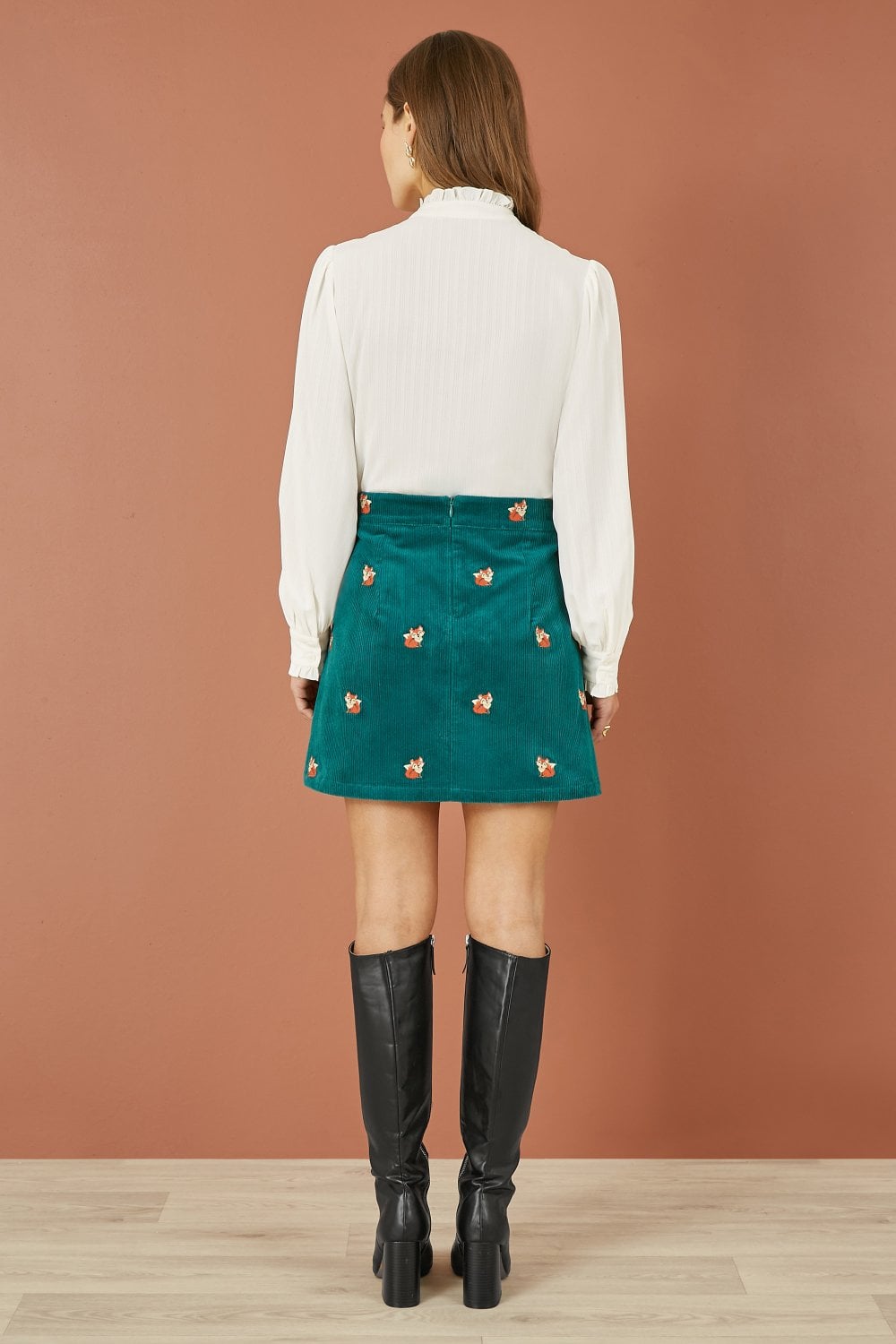 Yumi Teal Fox Embroidered Cord Mini Skirt Yumi