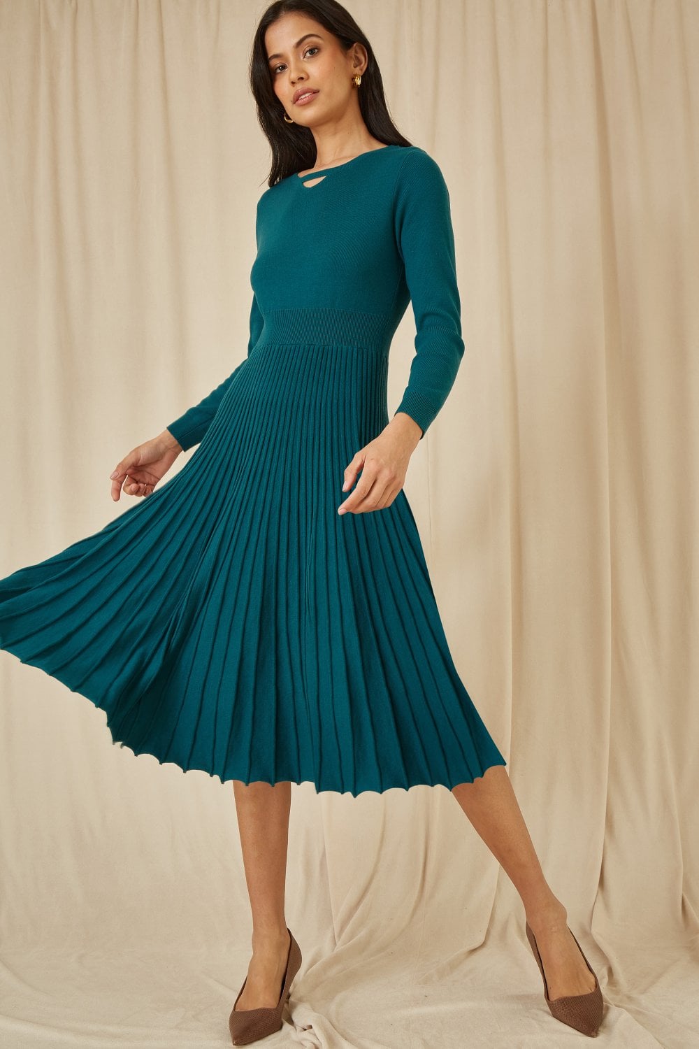 Yumi Teal Knitted Pleated Skater Dress With Notch Neckline Yumi