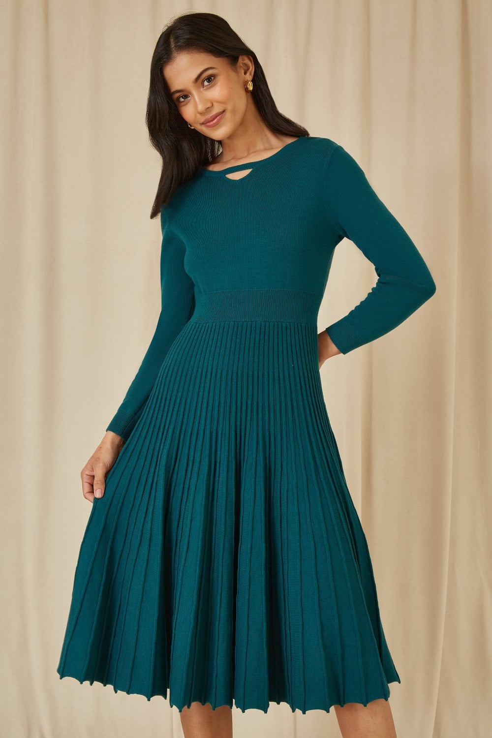 Yumi Teal Knitted Pleated Skater Dress With Notch Neckline Yumi