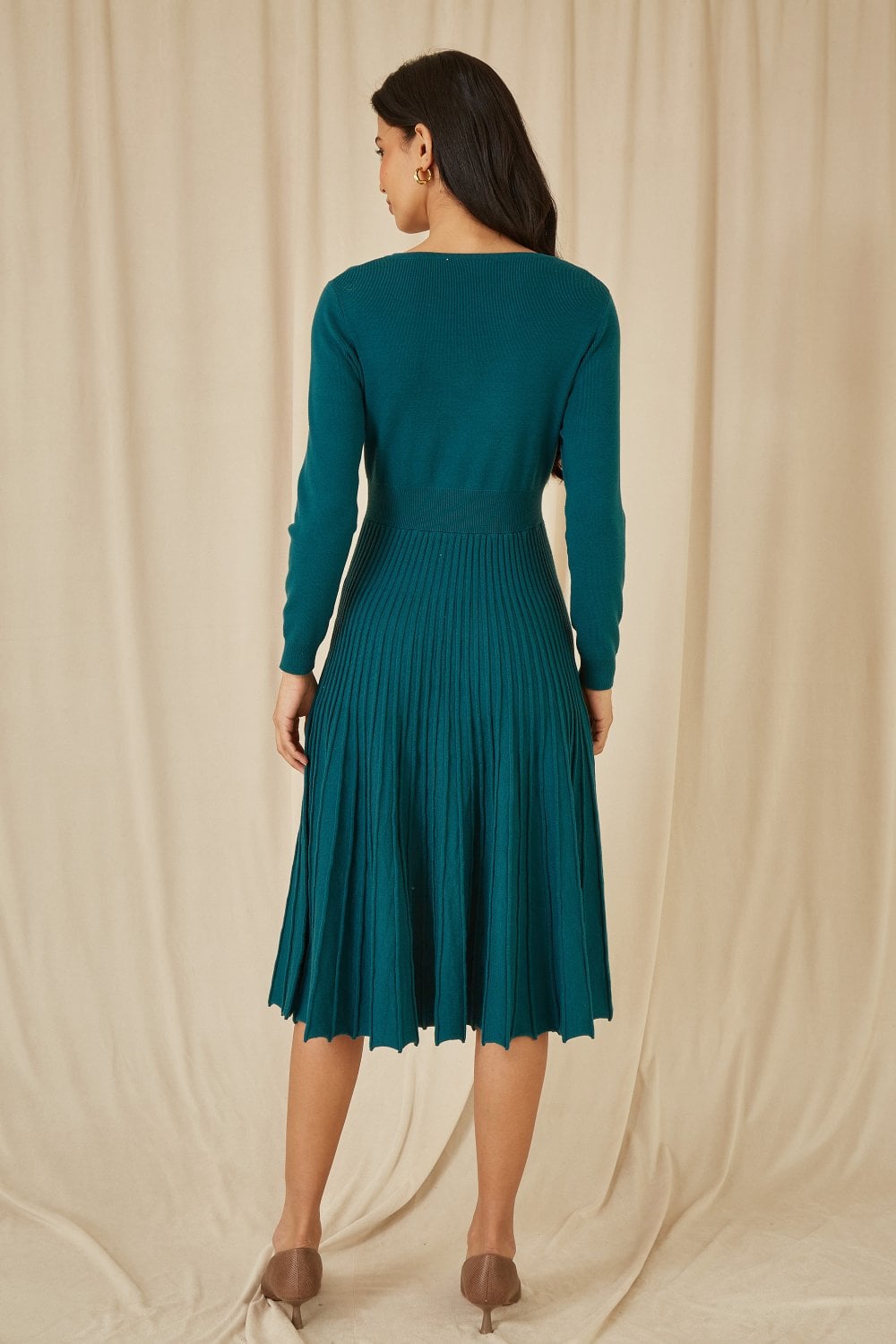 Yumi Teal Knitted Pleated Skater Dress With Notch Neckline Yumi