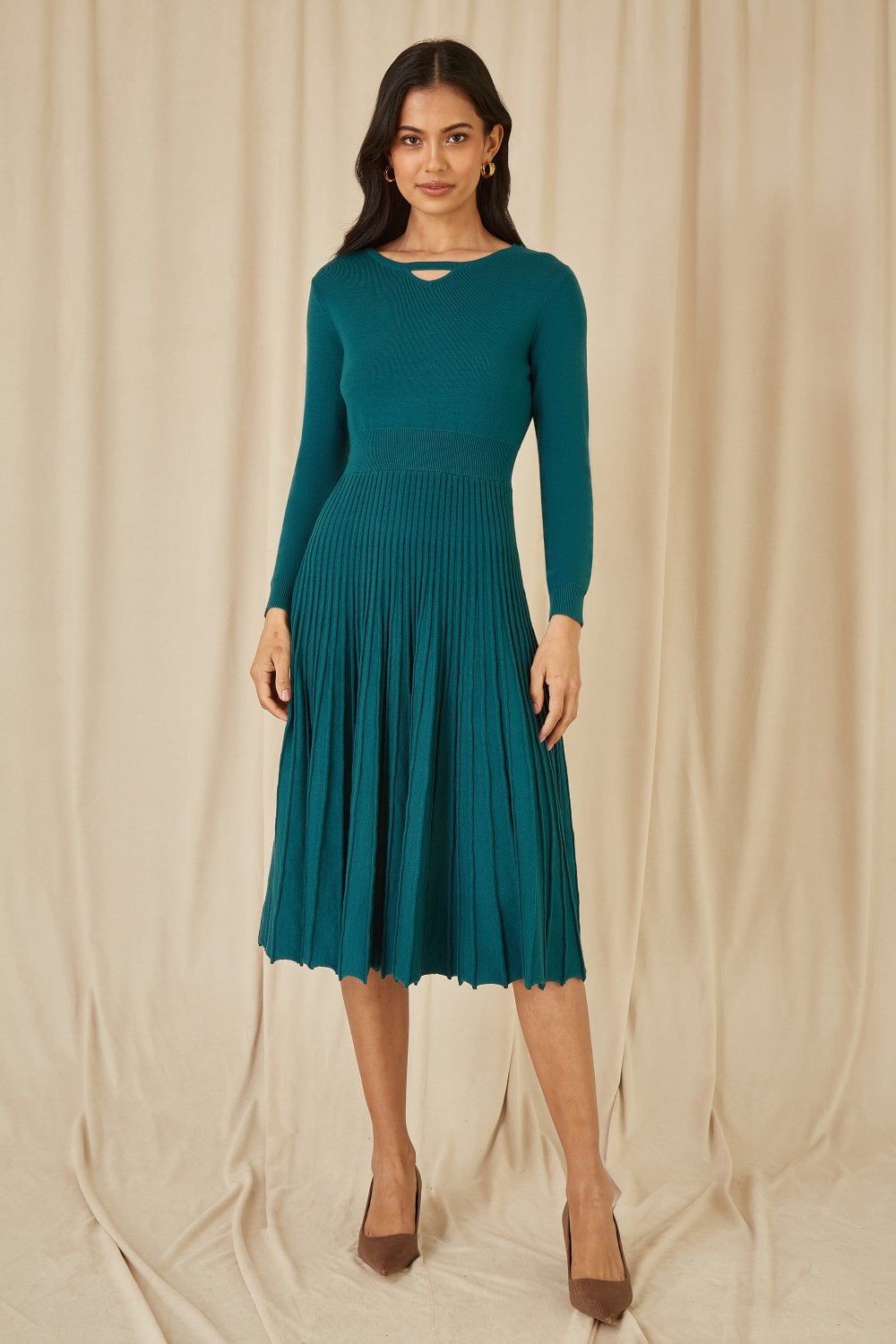 Yumi Teal Knitted Pleated Skater Dress With Notch Neckline Yumi