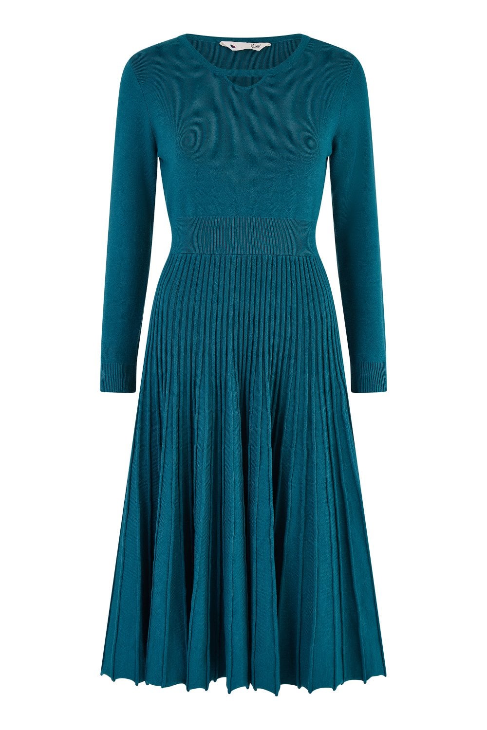 Yumi Teal Knitted Pleated Skater Dress With Notch Neckline Yumi