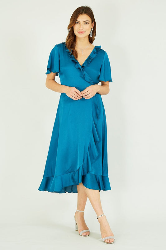 Yumi Teal Satin Wrap Midi Dress Yumi