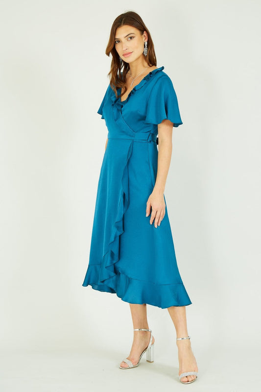 Yumi Teal Satin Wrap Midi Dress Yumi