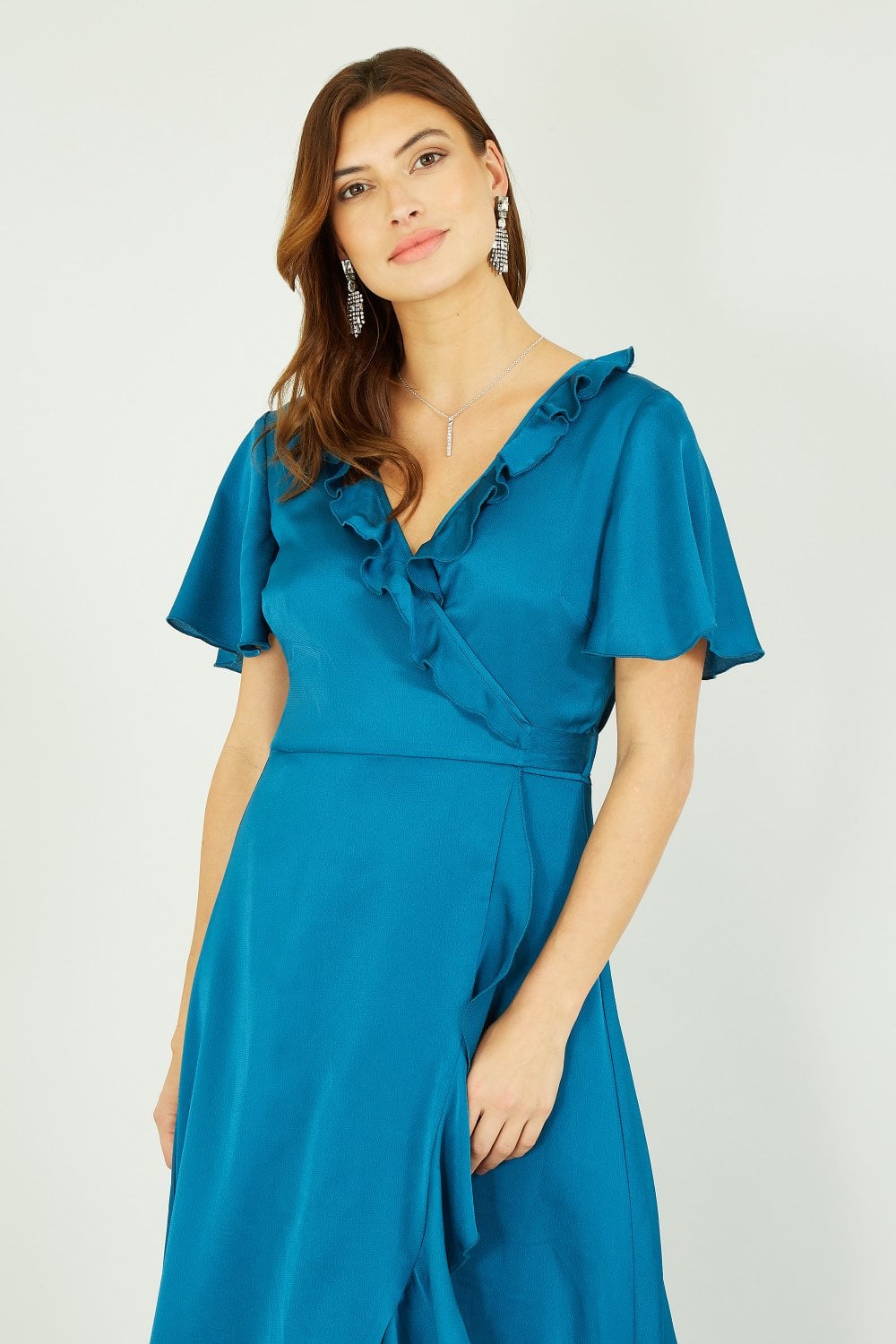 Yumi Teal Satin Wrap Midi Dress Yumi