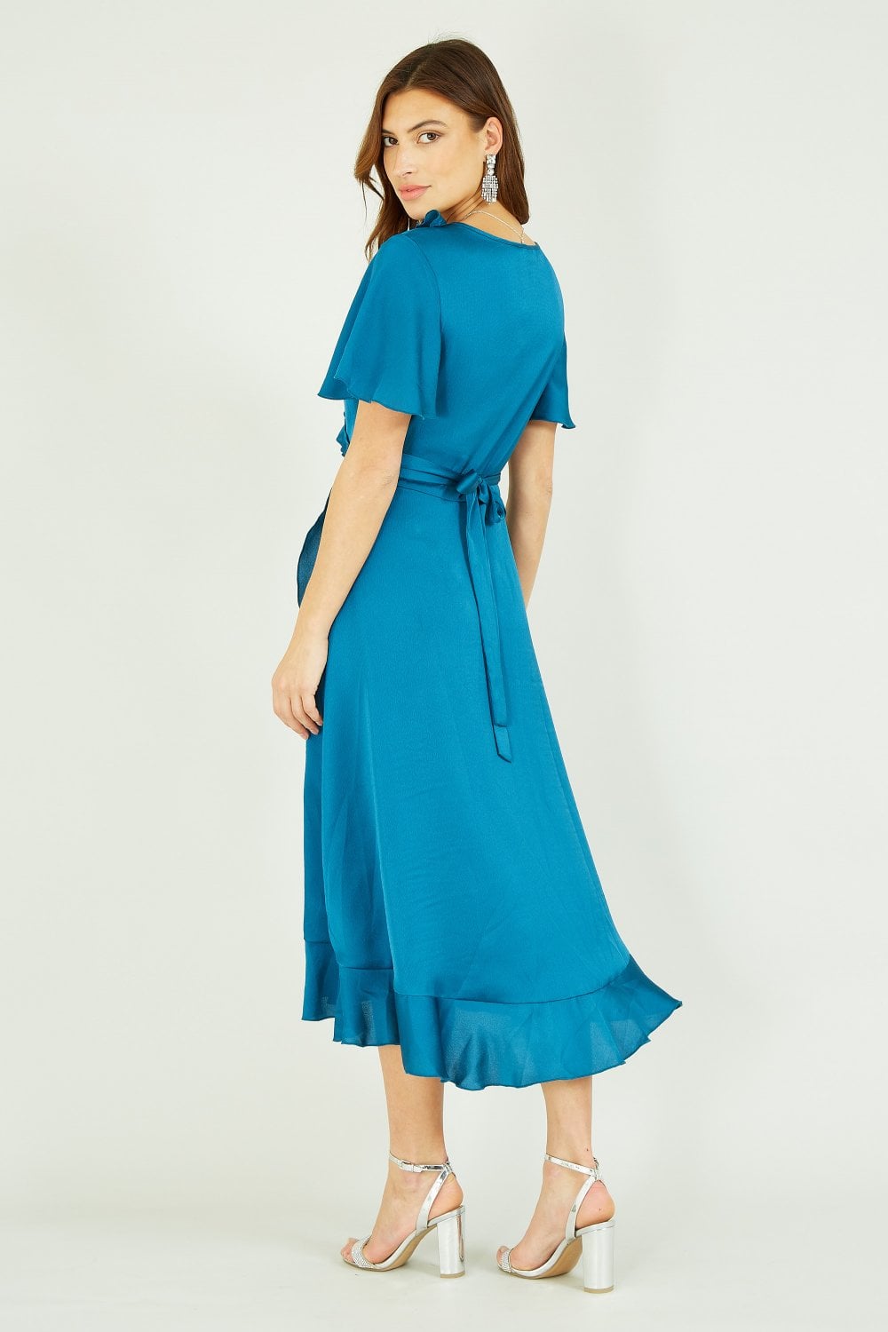 Yumi Teal Satin Wrap Midi Dress Yumi