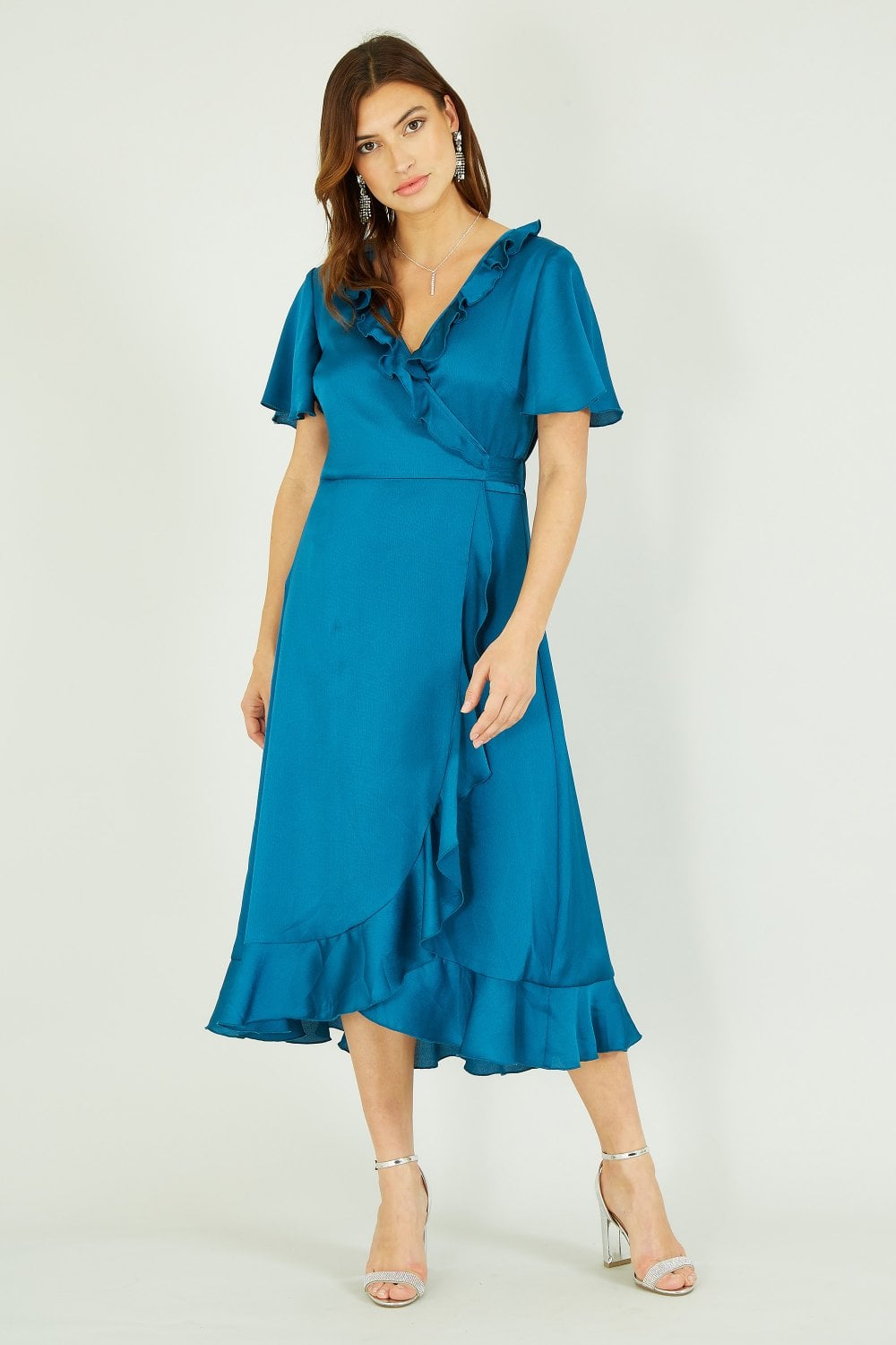 Yumi Teal Satin Wrap Midi Dress Yumi