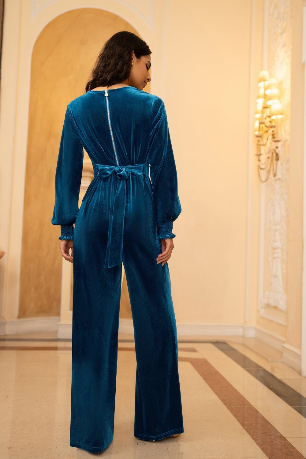 Yumi Teal Velvet Long sleeve Jumpsuit Yumi