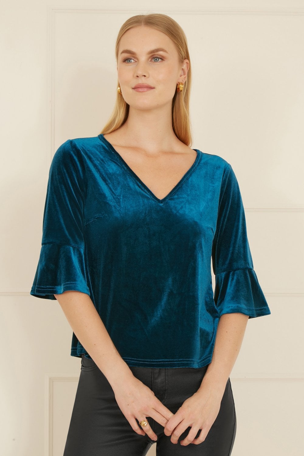 Yumi Teal Velvet Relaxed Fit Top With Fluted Sleeves Yumi