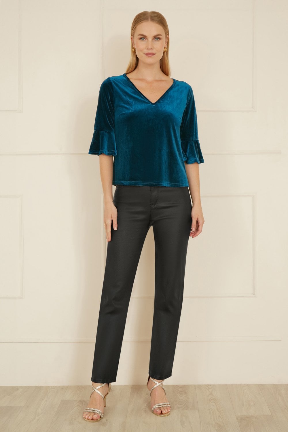 Yumi Teal Velvet Relaxed Fit Top With Fluted Sleeves Yumi