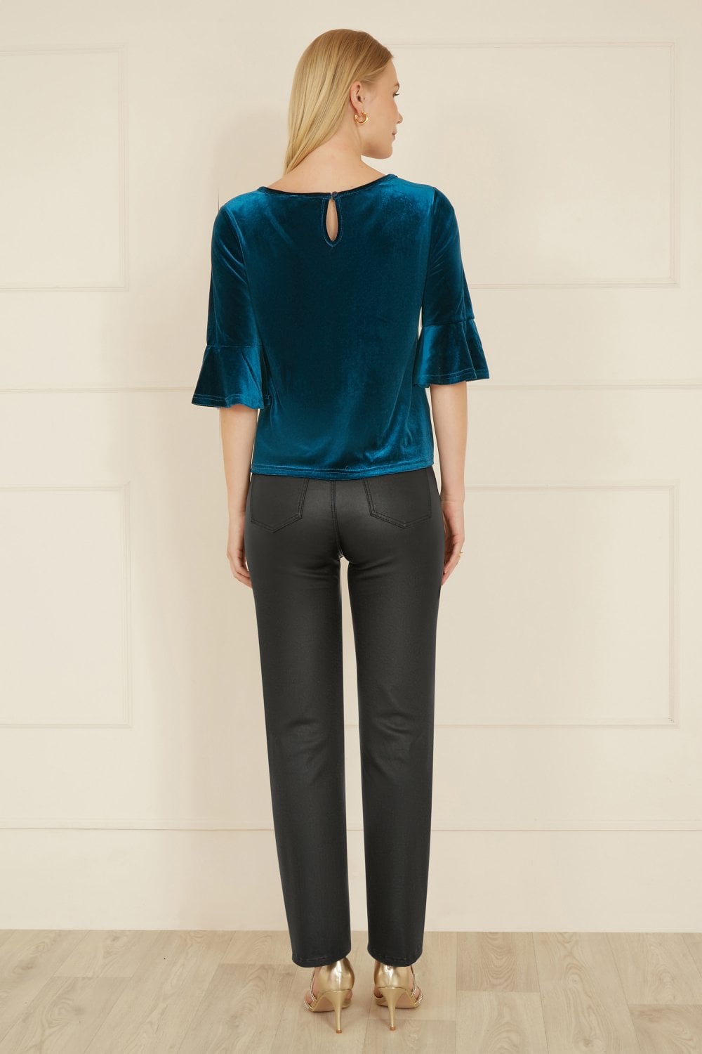 Yumi Teal Velvet Relaxed Fit Top With Fluted Sleeves Yumi