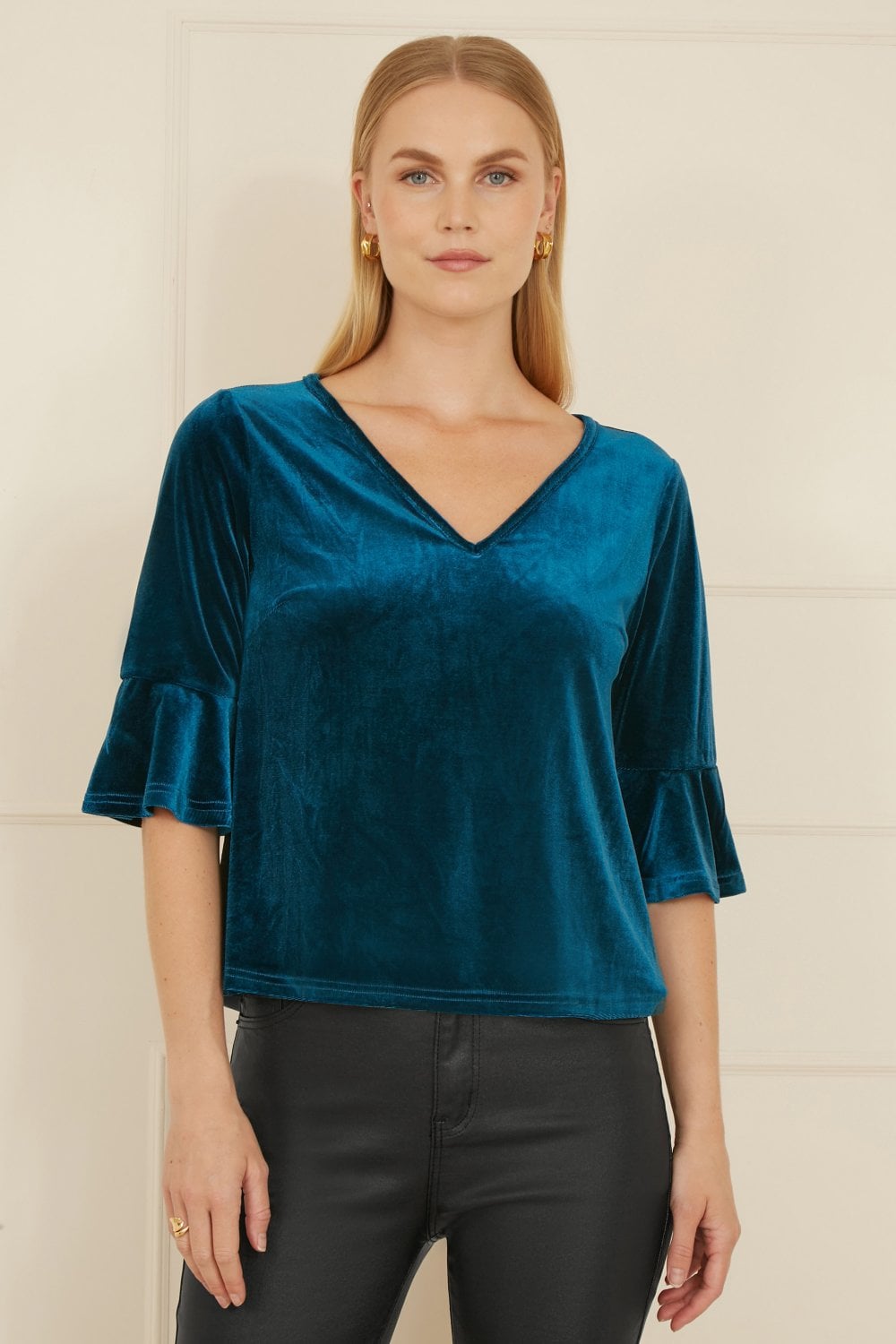 Yumi Teal Velvet Relaxed Fit Top With Fluted Sleeves Yumi