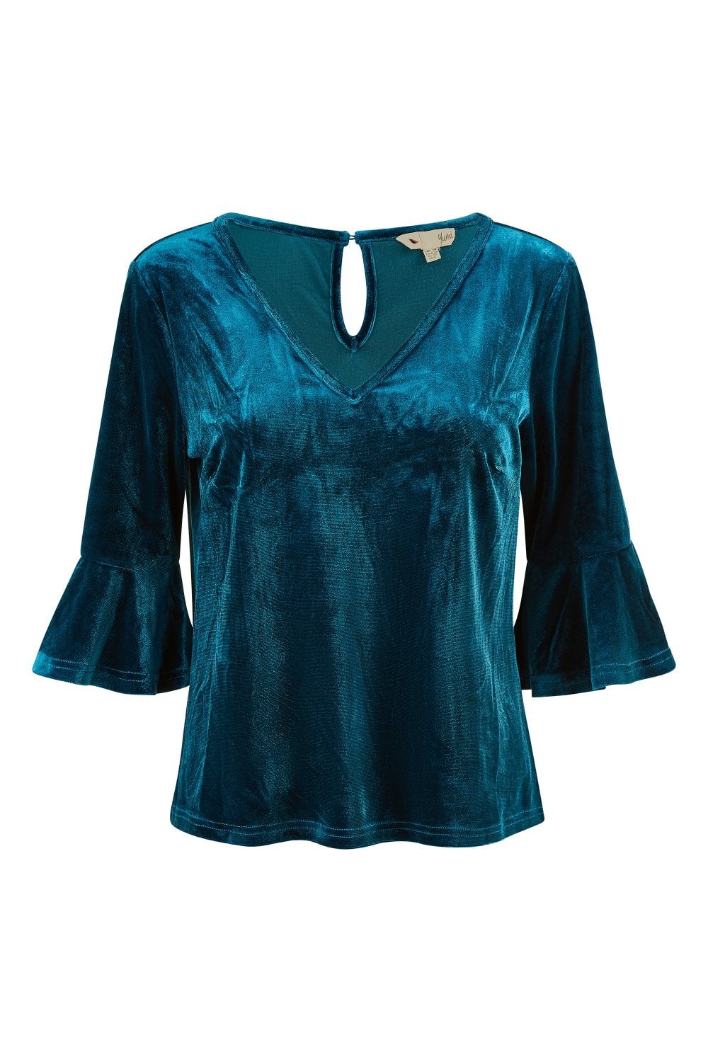 Yumi Teal Velvet Relaxed Fit Top With Fluted Sleeves Yumi