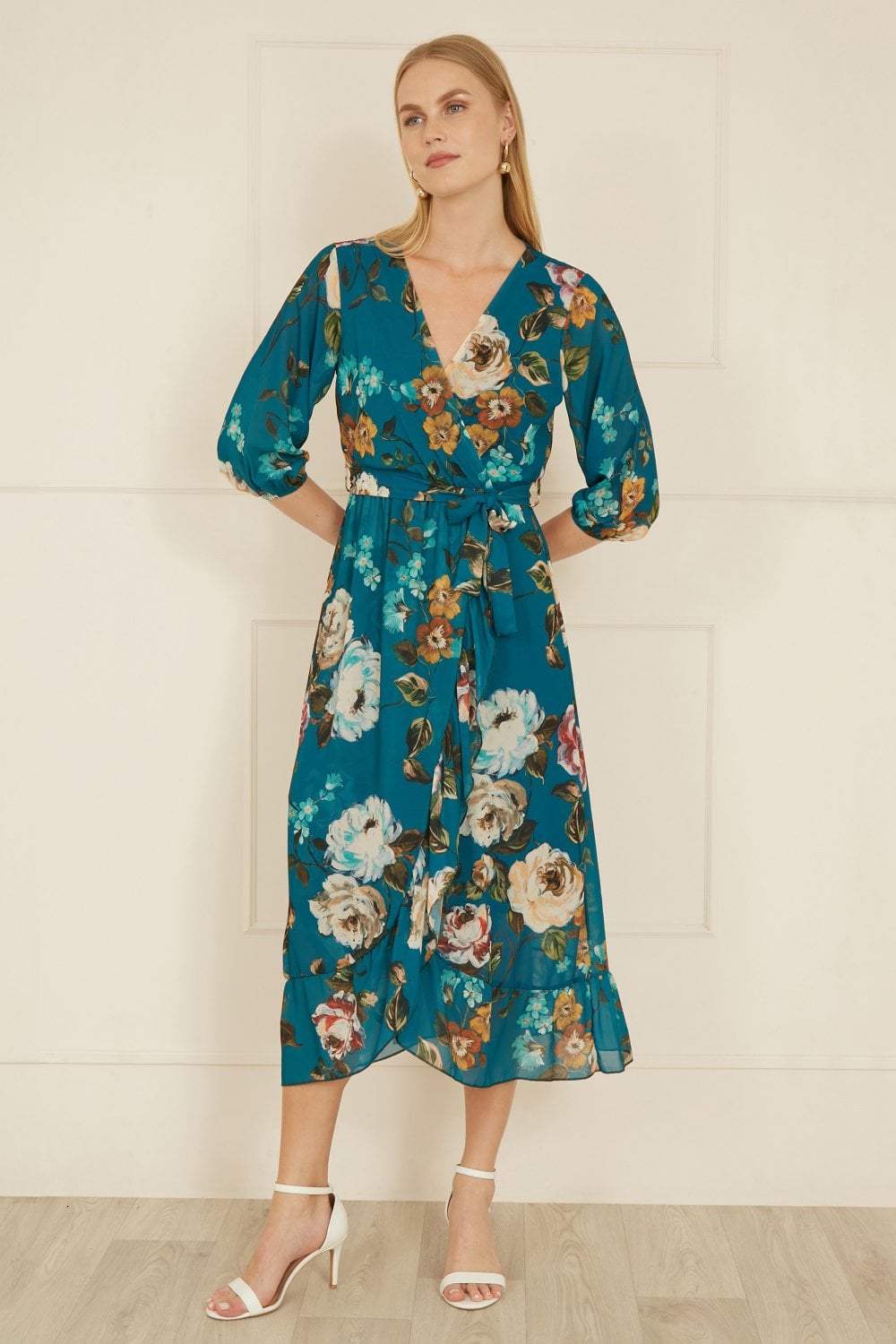 Yumi Teal Watercolour Dip Hem Midi Wrap Dress Yumi