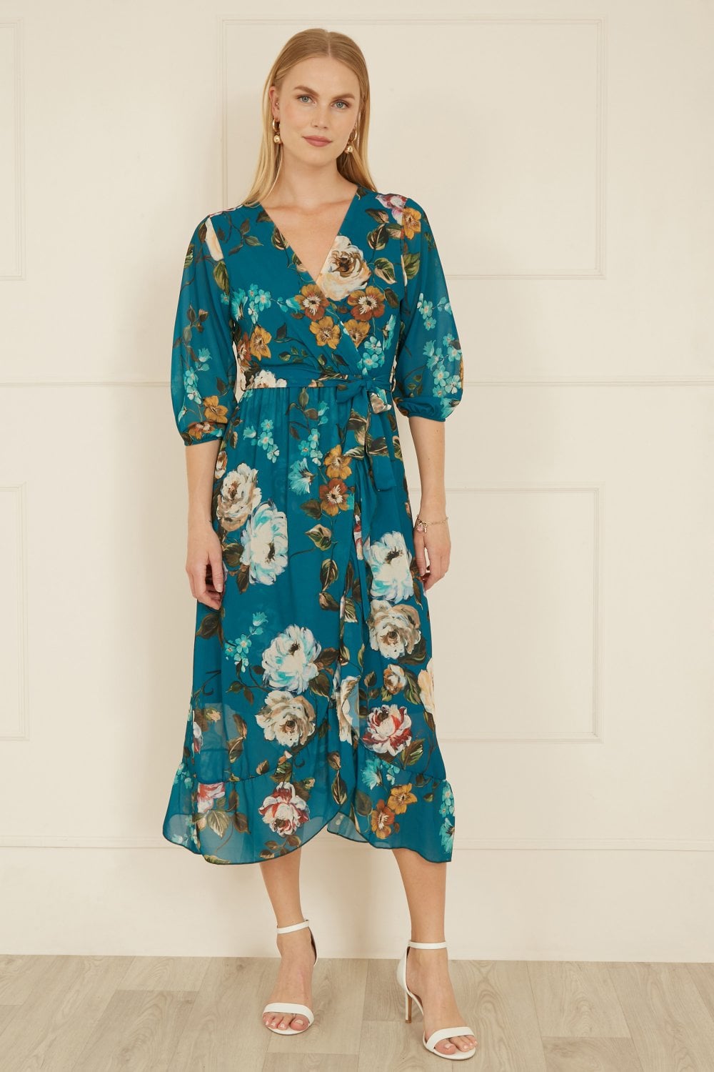 Yumi Teal Watercolour Dip Hem Midi Wrap Dress Yumi