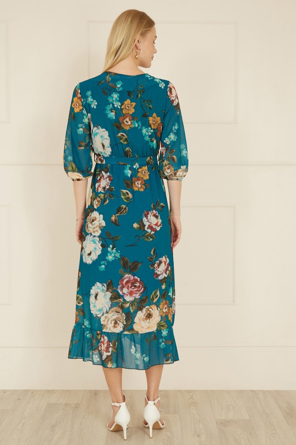 Yumi Teal Watercolour Dip Hem Midi Wrap Dress Yumi