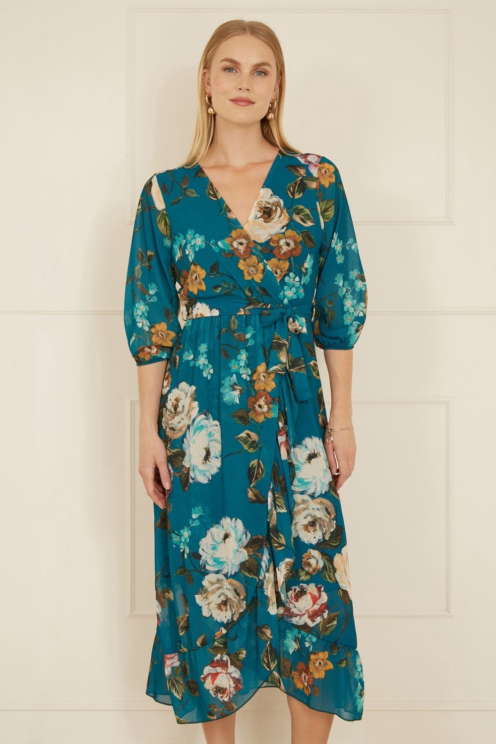 Yumi Teal Watercolour Dip Hem Midi Wrap Dress Yumi