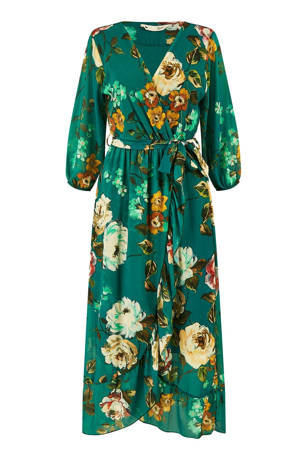 Yumi Teal Watercolour Dip Hem Midi Wrap Dress Yumi