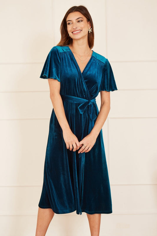 Yumi Teal Wrap Over Midi Dress With Angel Sleeves and Split Hem Yumi