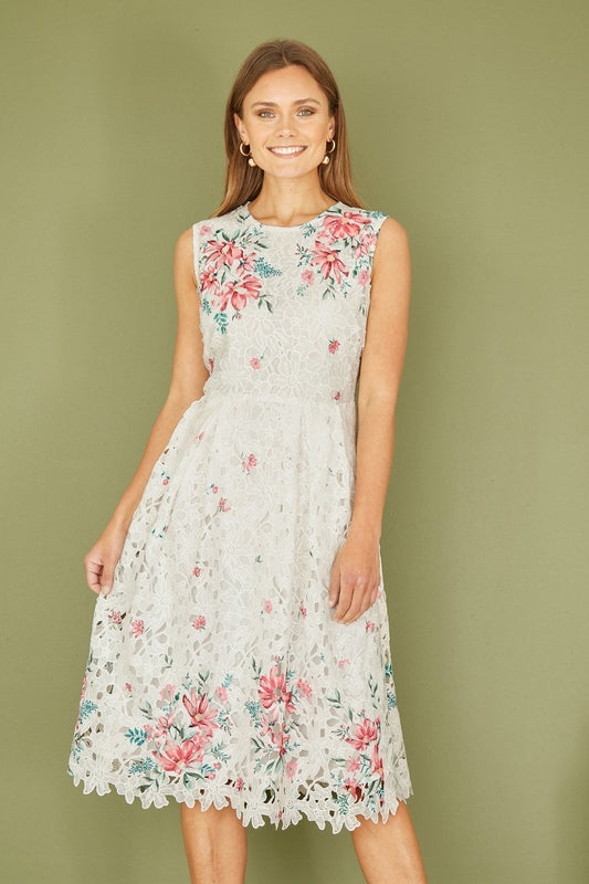 Yumi White And Pink Floral Border Lace Dress Yumi