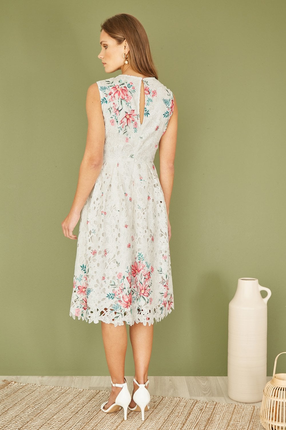 Yumi White And Pink Floral Border Lace Dress Yumi