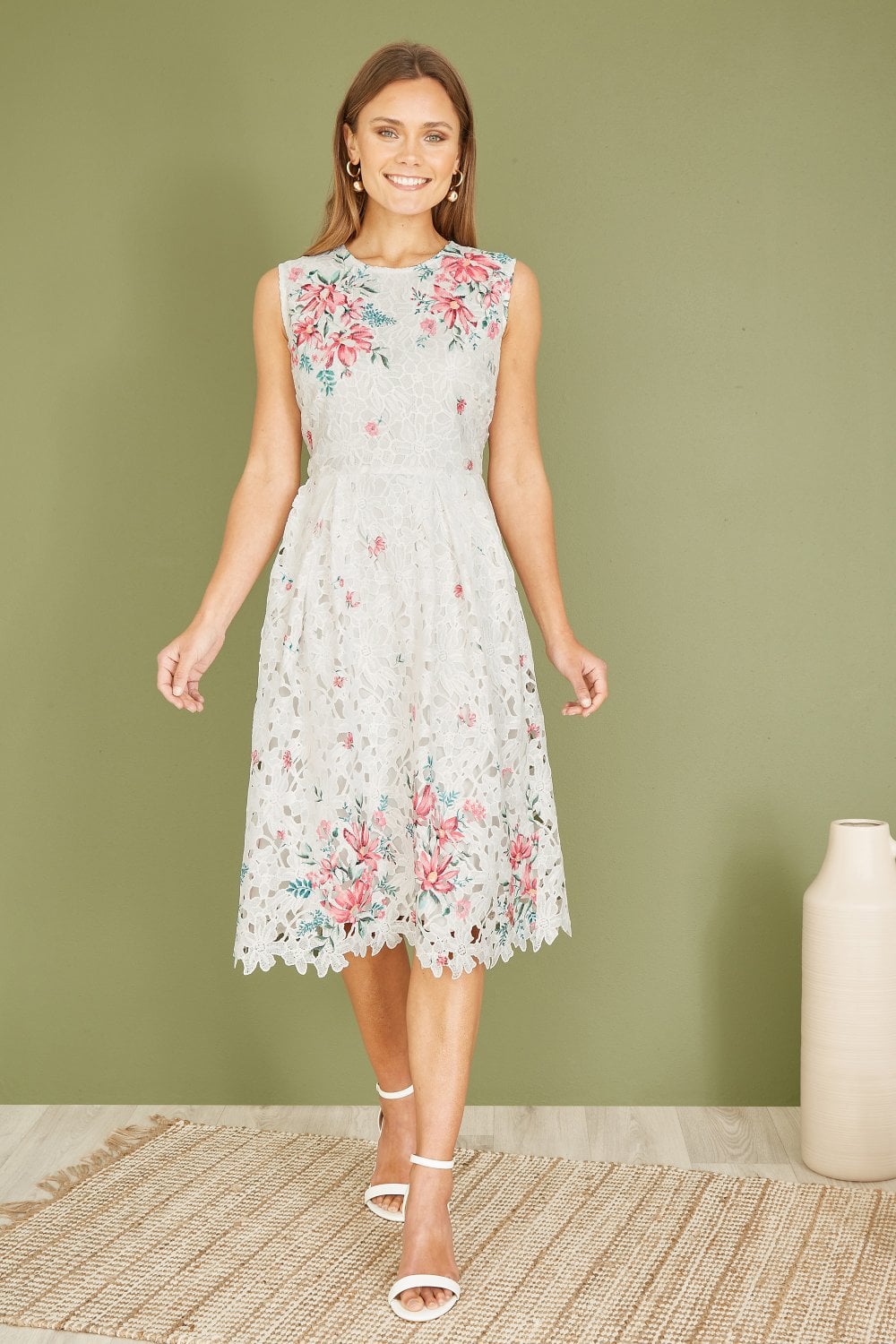 Yumi White And Pink Floral Border Lace Dress Yumi