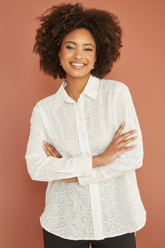 Yumi White Cotton Broderie Anglaise Relaxed Shirt Yumi