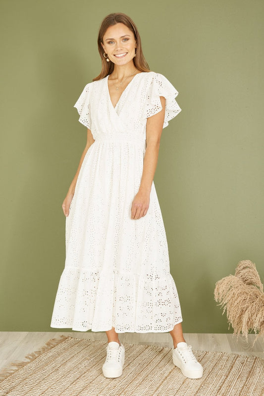 Yumi White Cotton Broderie Anglaise Wrap Midi Dress Yumi