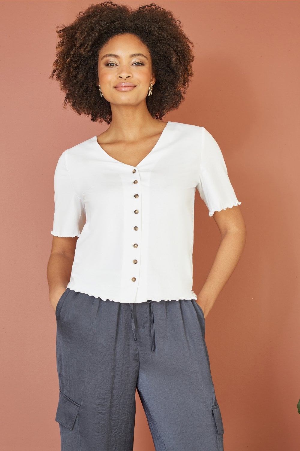 Yumi White Cotton Button Detail T-Shirt Yumi